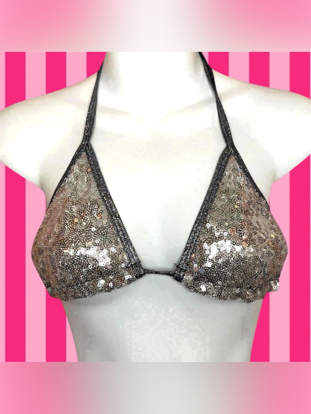Sequined 2000s Y2K Triangle Bikini Top - Shimmery Silver ONE SIZE